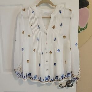 Figueroa & Flower white crepe w/ tank Blouse with Blue and Gold Embroidery szPL